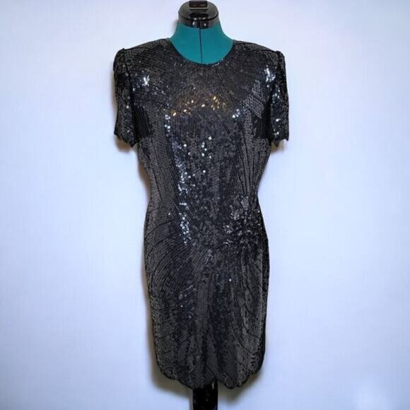 Vintage Joseph Ribkoff 1980s Black Silk and Sequin Cocktail Prom Dress - Small - Picture 1 of 10